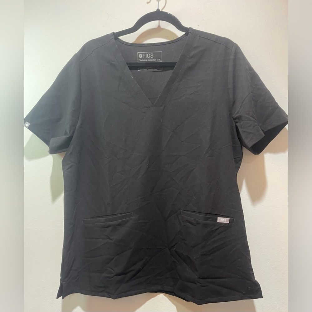 FIGS Women Scrub Top Solid Black Size XL Short Sleeve V-Neck Pockets